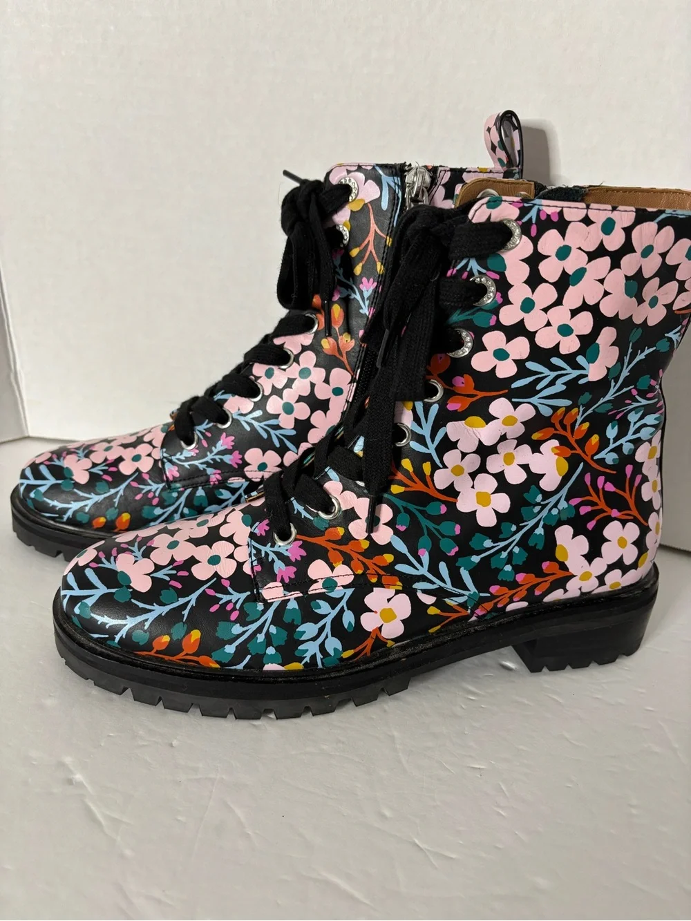 Kate Spade Floral Lace-Up Jenna Combat Boots - Black Multi